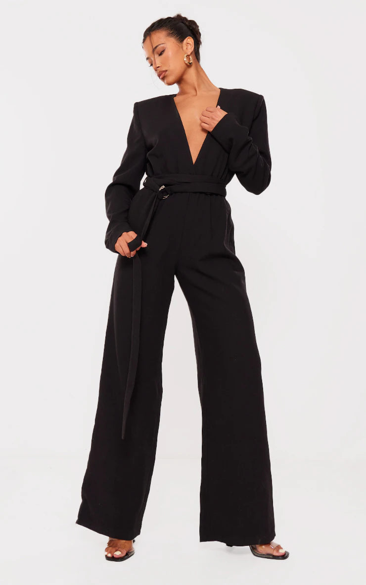 Black Strap Detail Cross Over Wide Leg Jumpsuit