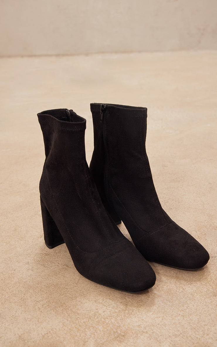 Black Faux Suede Round Toe Heeled Ankle Sock Boots