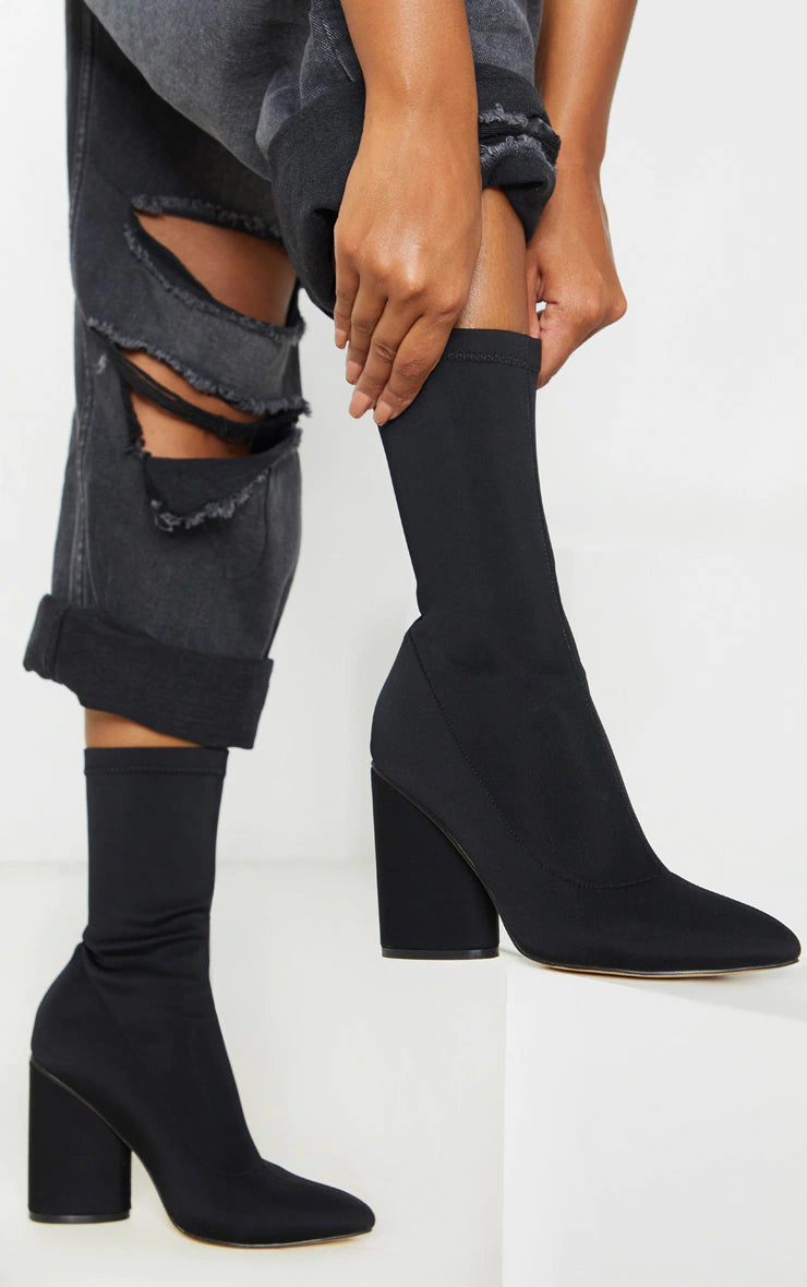 Black Chunky Block Heel Sock Boot