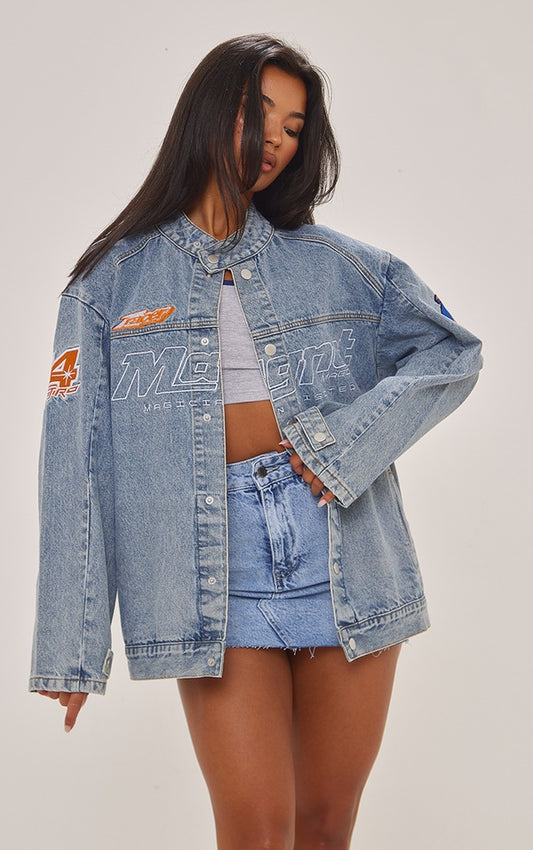 Plt - Mid Blue Wash Racer Graphic Oversized Denim Jacket