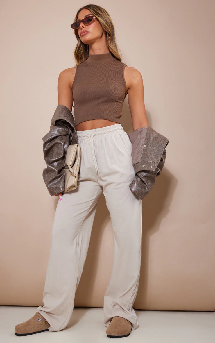 Stone Cotton Side Stripe Wide Leg Joggers