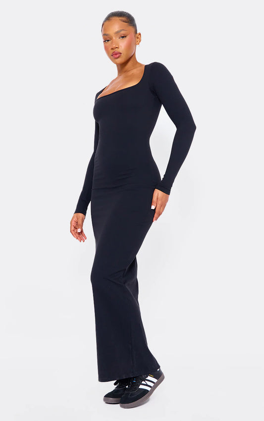 BLACK CONTOUR SCULPT SQUARE NECK MIDAXI DRESS