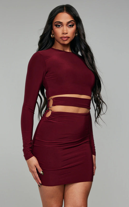 DARK PLUM SLINKY CUT OUT WAIST RING DETAIL BODYCON DRESS