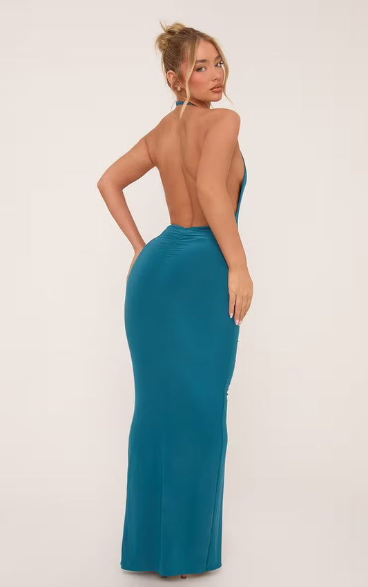 Ego - Plunge Neck Twist Front Open Back Maxi Dress In Teal Blue Slinky