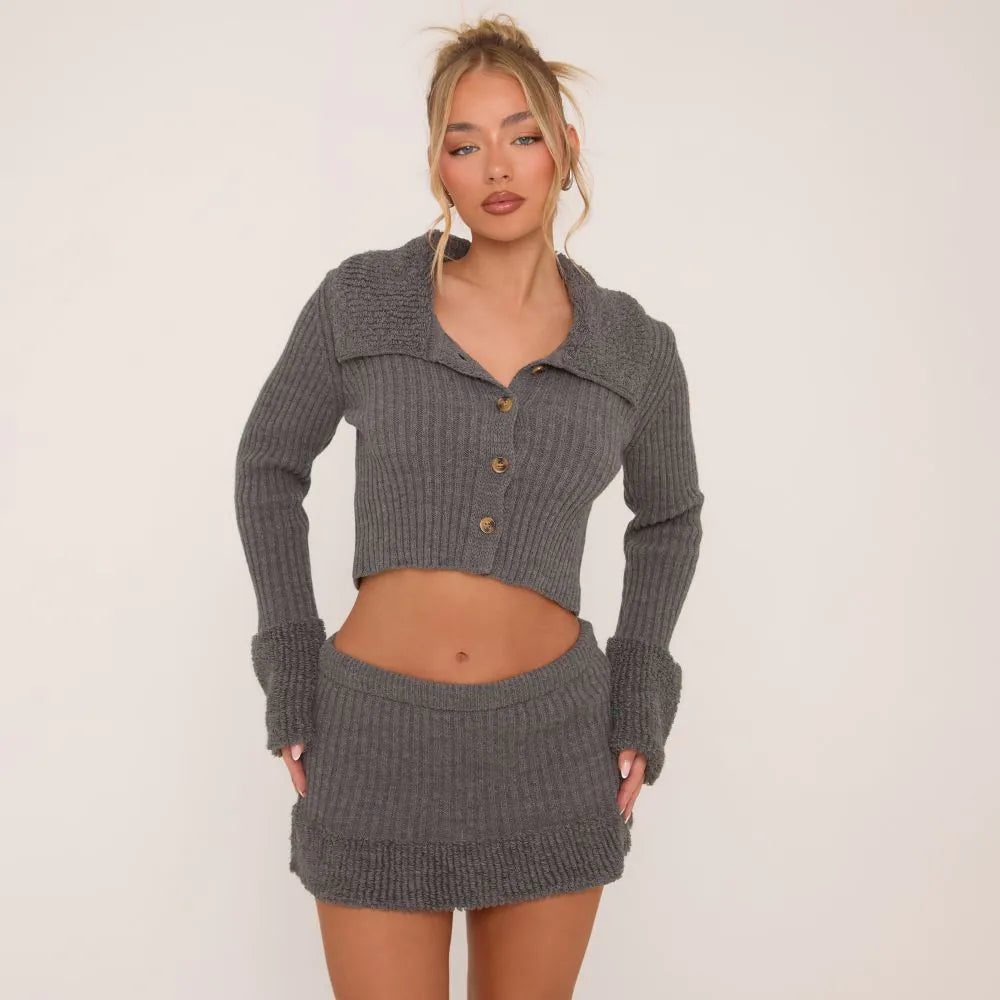 Button Front Loop Hem Cropped Cardigan In Grey Knit