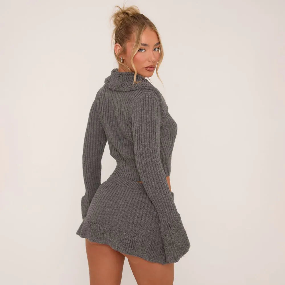 Button Front Loop Hem Cropped Cardigan In Grey Knit