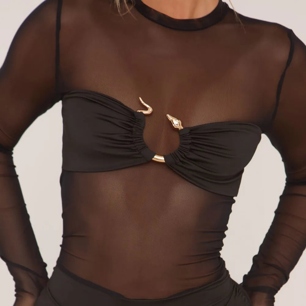 Long Sleeve Snake Trim Detail Mesh Panel Mini Bodycon Dress In Black Slinky