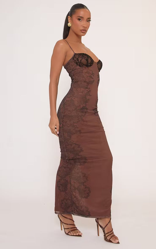 Ego - Lace Bust Maxi Dress In Brown Printed Mesh