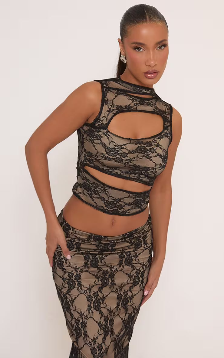 Ego - High Neck Cut Out Sleeveless Crop Top In Black Lace