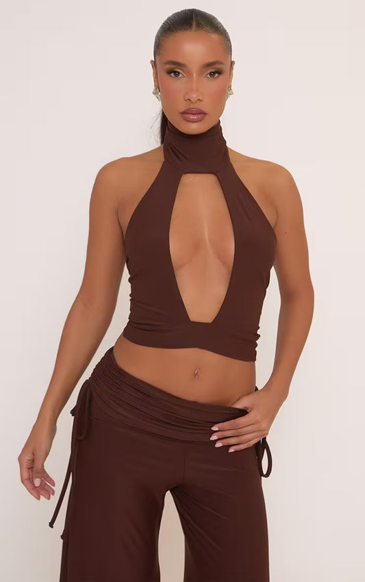 Ego - High Neck Cut Out Front Top In Brown