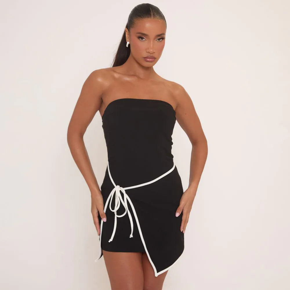 Bandeau Contrast Trim Wrap Detail Mini Dress In Black