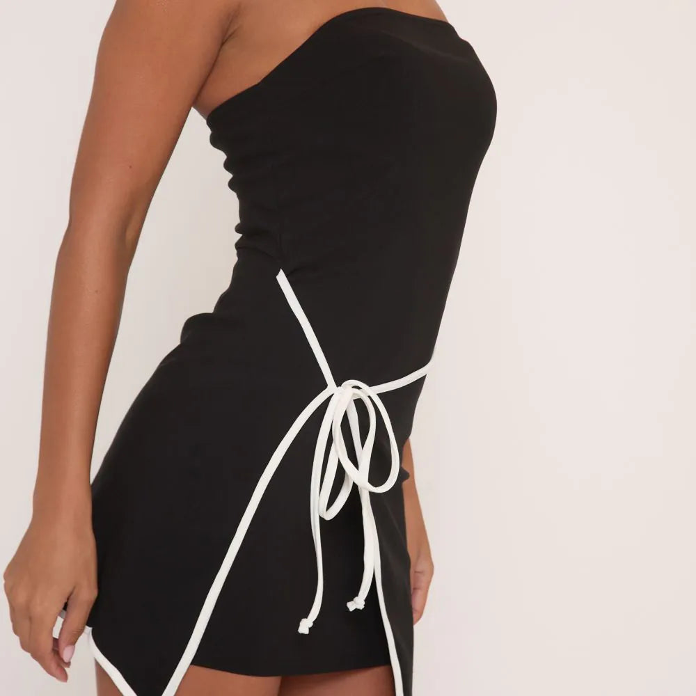 Bandeau Contrast Trim Wrap Detail Mini Dress In Black