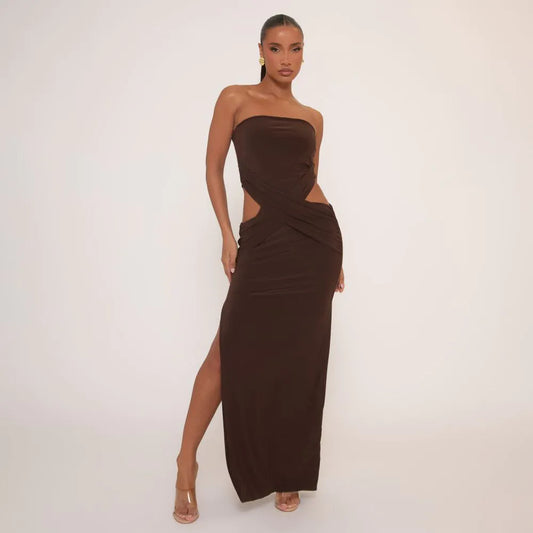 Bandeau Cut Out Waist Maxi Dress In Brown