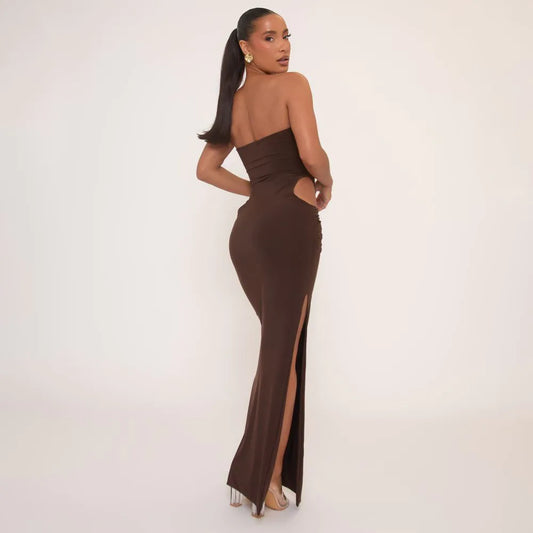 Bandeau Cut Out Waist Maxi Dress In Brown