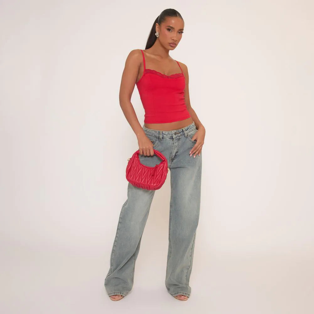 Lace Trim Strappy Bengaline Cami Top In Red