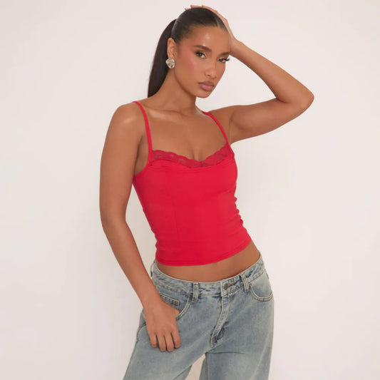 Lace Trim Strappy Bengaline Cami Top In Red