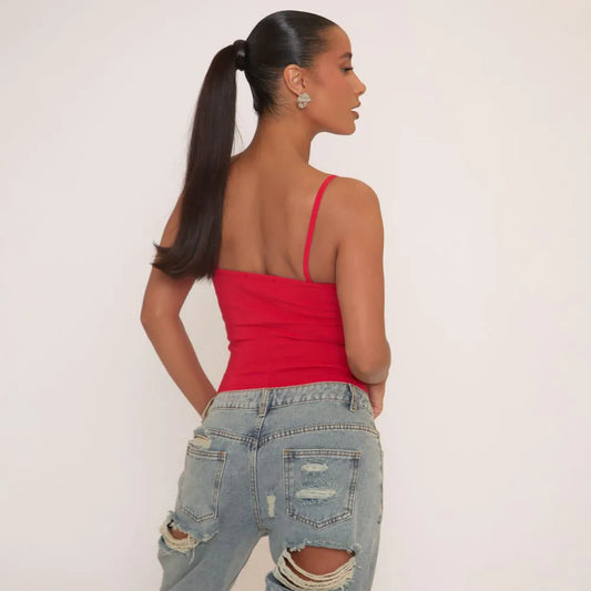 Lace Trim Strappy Bengaline Cami Top In Red