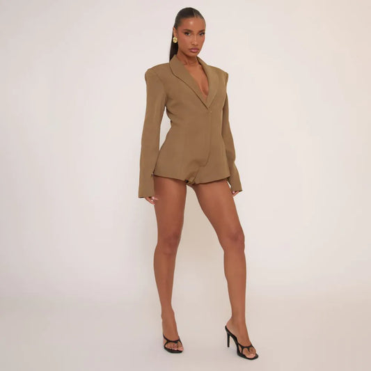 Plunge Neck Shoulder Pad Detail Tailored Playsuit In Taupe