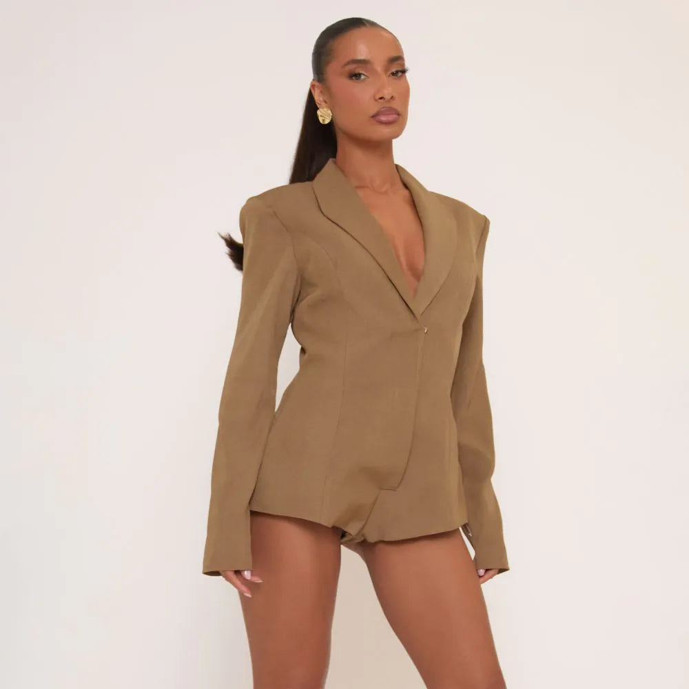 Plunge Neck Shoulder Pad Detail Tailored Playsuit In Taupe