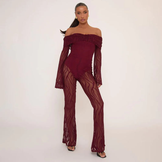 Fold Over Bardot Jumpsuit In Burgundy Zebra Textured Lace