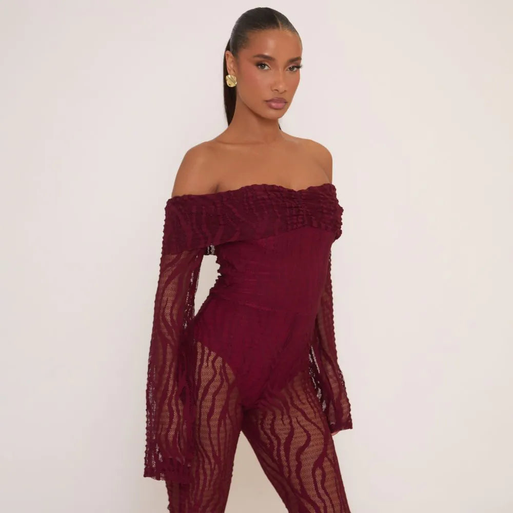 Fold Over Bardot Jumpsuit In Burgundy Zebra Textured Lace