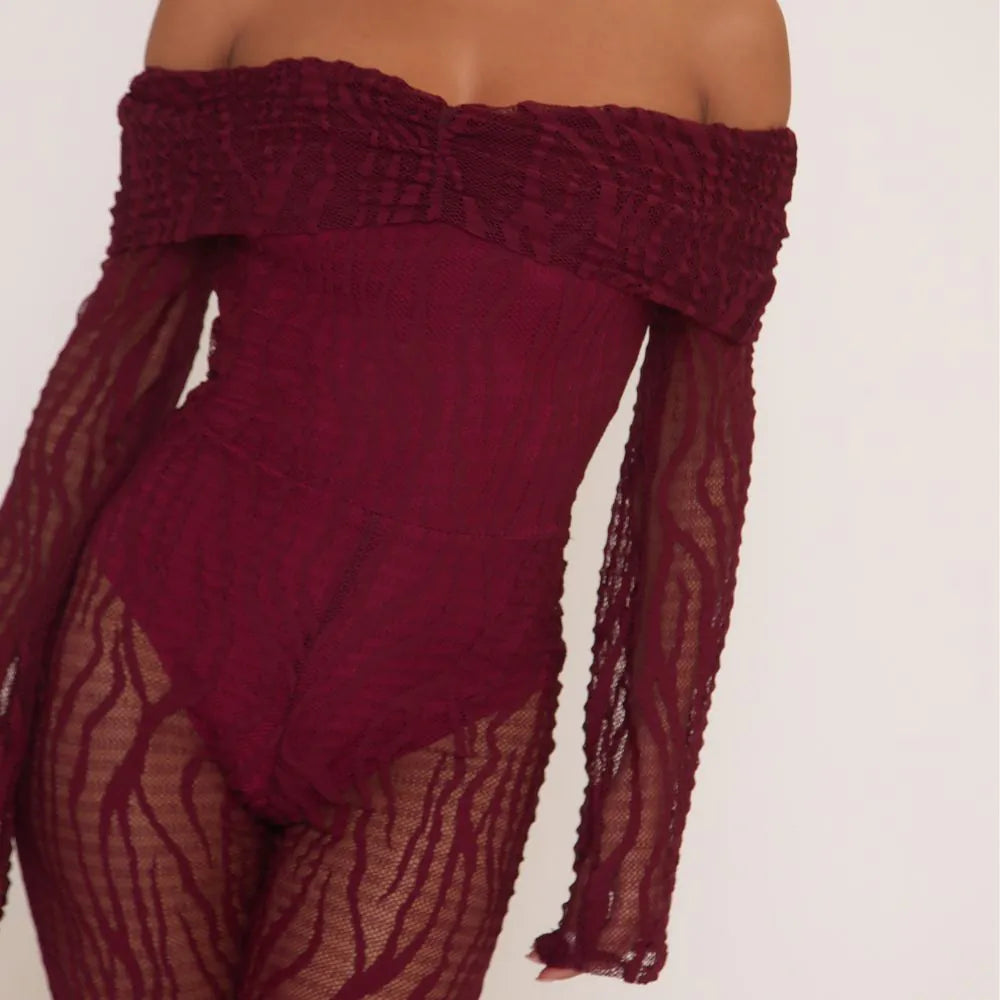 Fold Over Bardot Jumpsuit In Burgundy Zebra Textured Lace