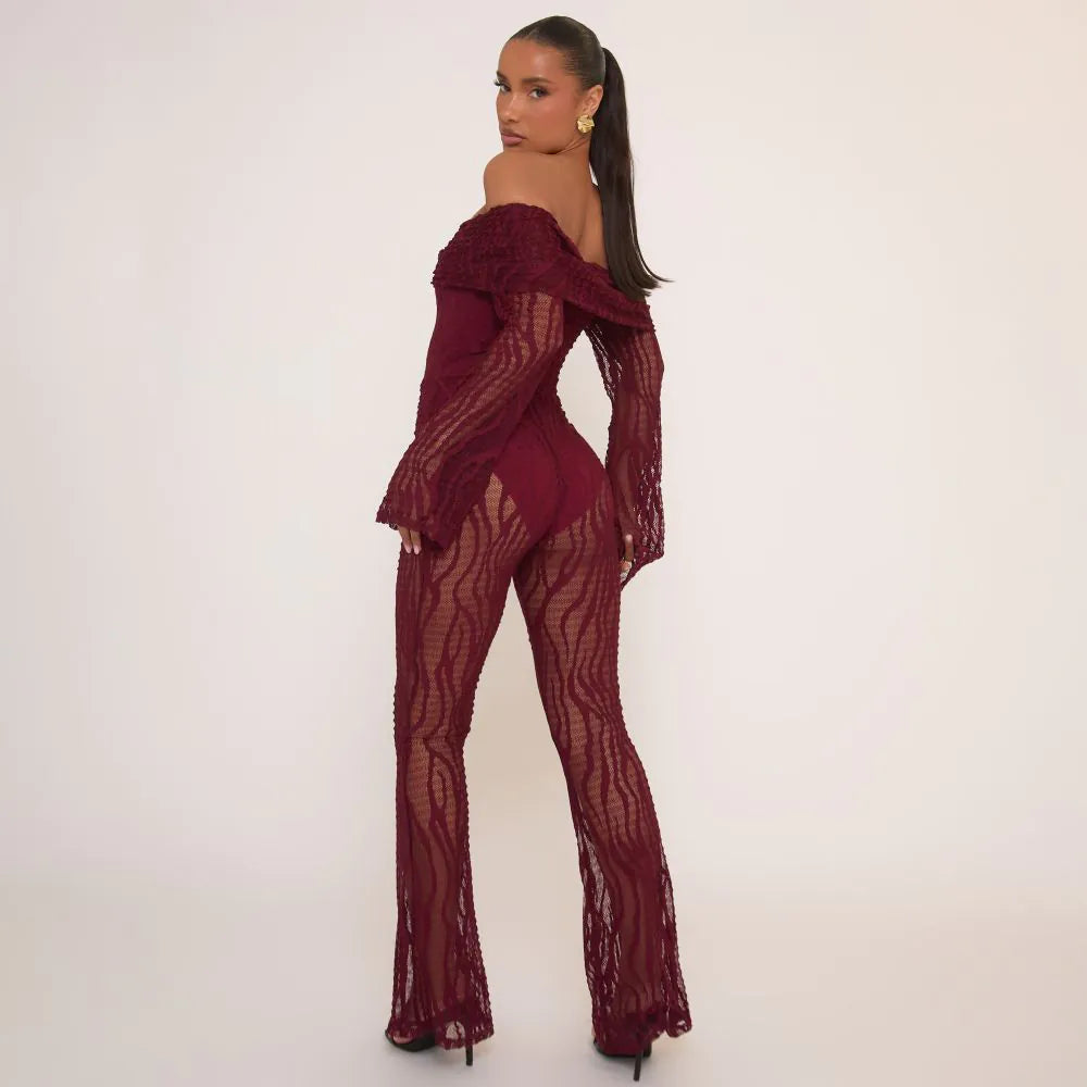 Fold Over Bardot Jumpsuit In Burgundy Zebra Textured Lace