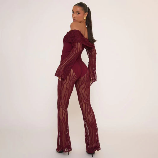 Fold Over Bardot Jumpsuit In Burgundy Zebra Textured Lace