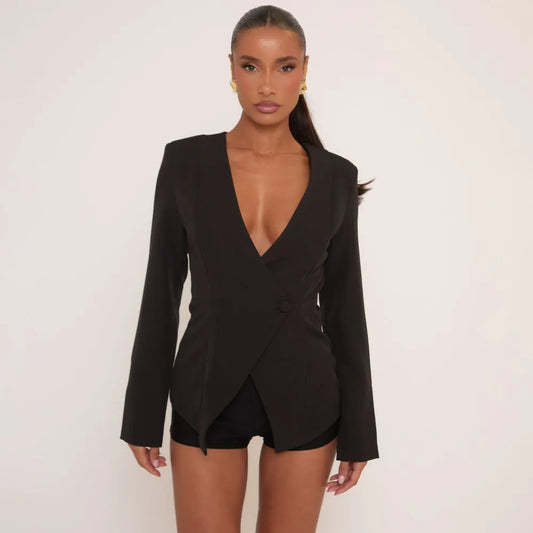 Long Sleeve V Neck Collarless Cinched Waist Blazer In Black