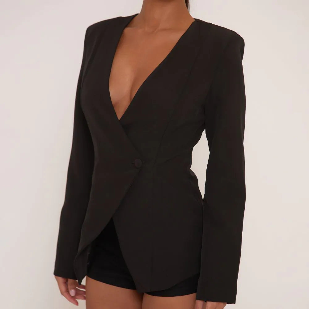 Long Sleeve V Neck Collarless Cinched Waist Blazer In Black