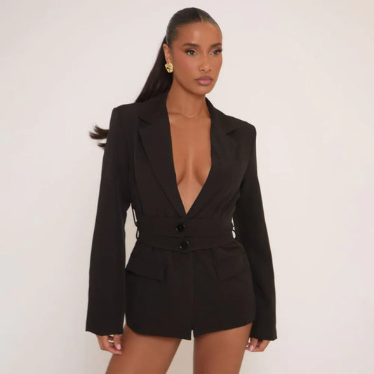 Long Sleeve Button Front Belted Blazer In Black