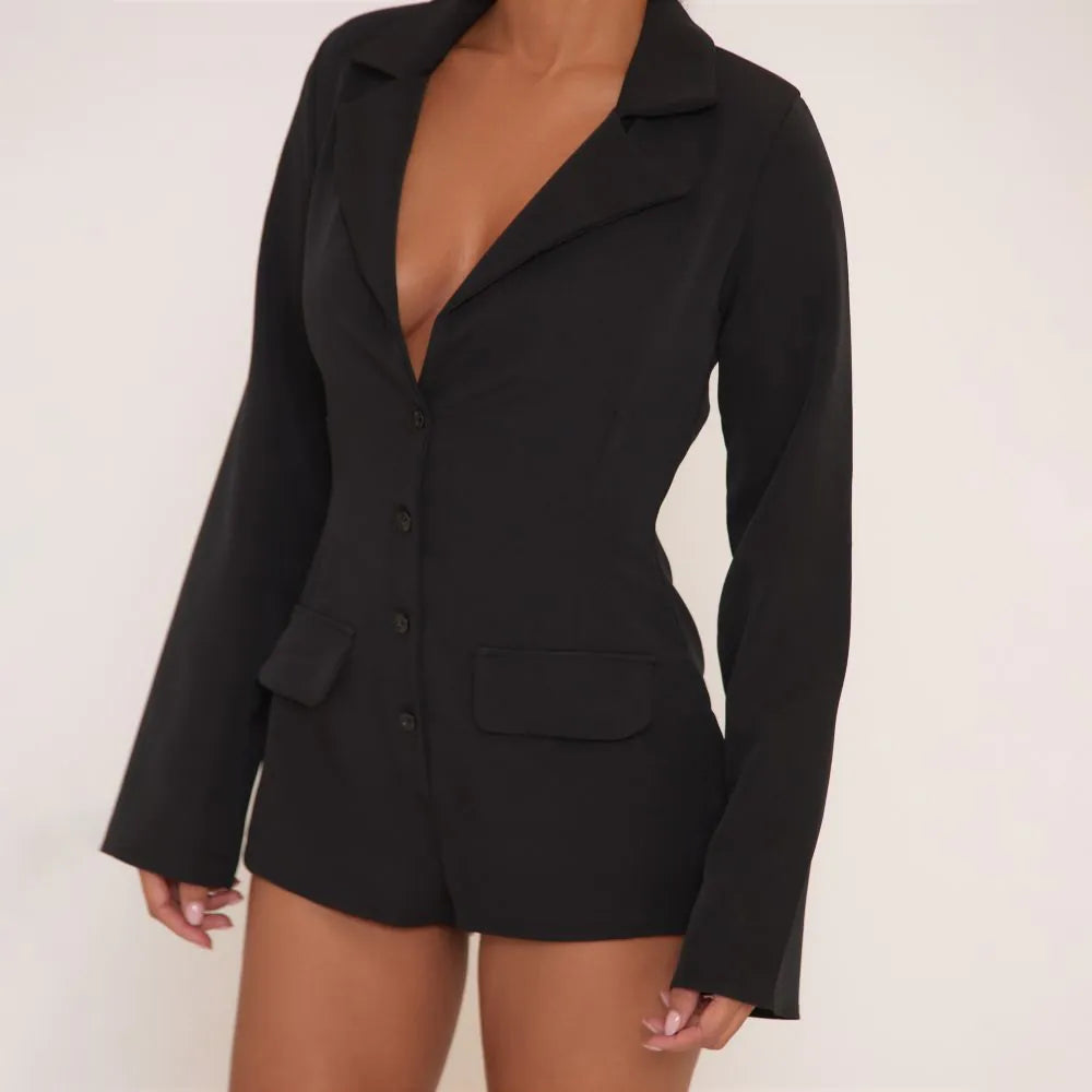 Long Sleeve Button Front Tailored Playsuit In Black