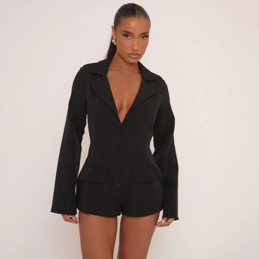 Long Sleeve Button Front Tailored Playsuit In Black