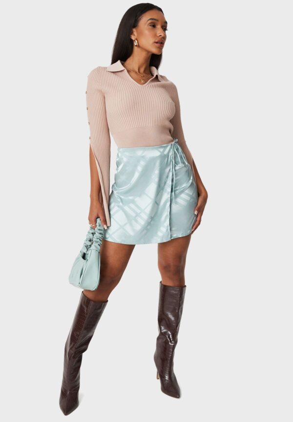 Wrap Side Mini Skirt Check Jaquard Satin Skirt