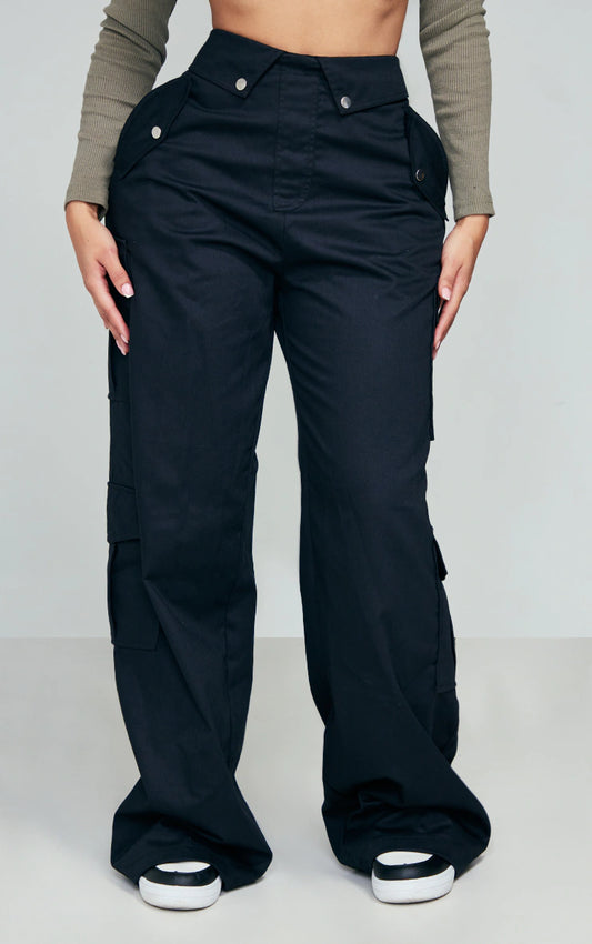 Shape Black Cargo Fold Waistband Pocket Detail Pants