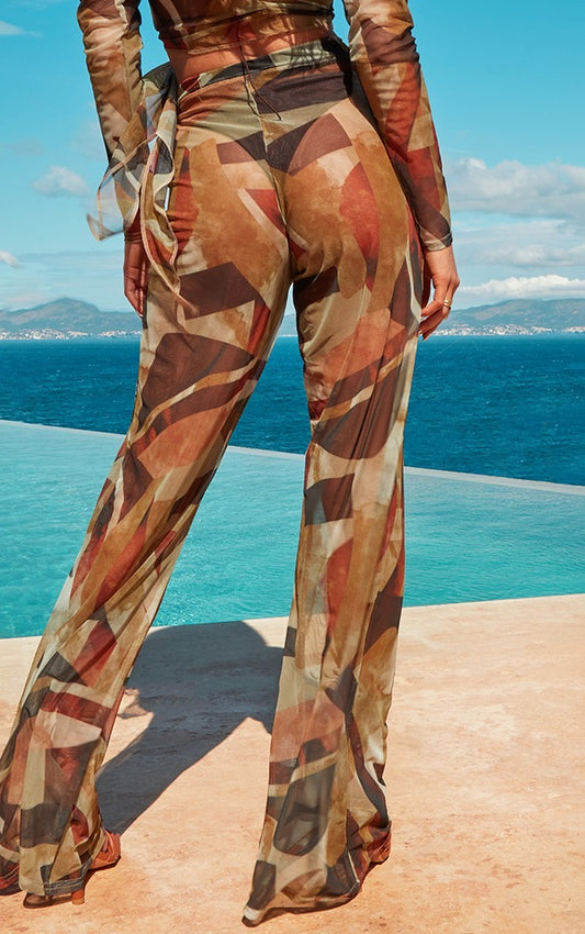 Chocolate Abstract Print Mesh Wide Leg Trousers