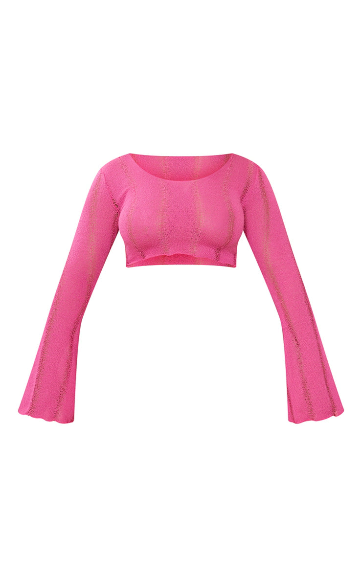 Shape Hot Pink Ladder Detail Knit Flare Sleeve Crop Top