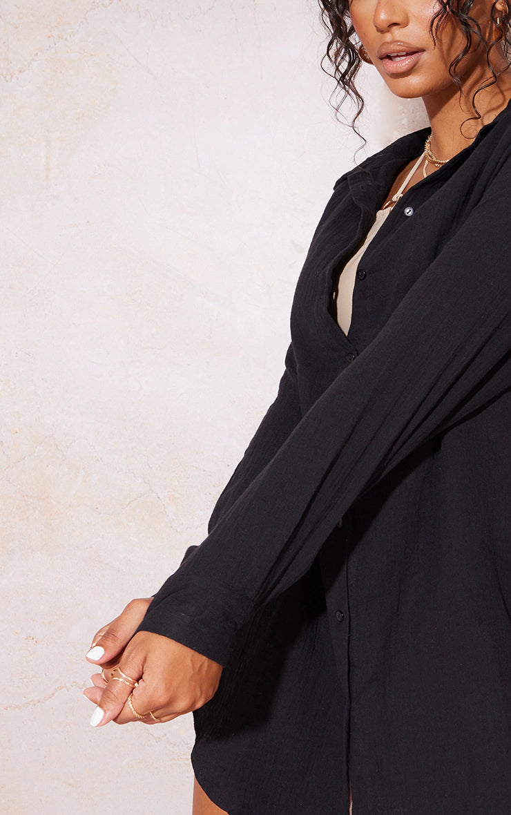 BLACK SOFT CRINKLE OVERSIZED BEACH SHIRT DRESS