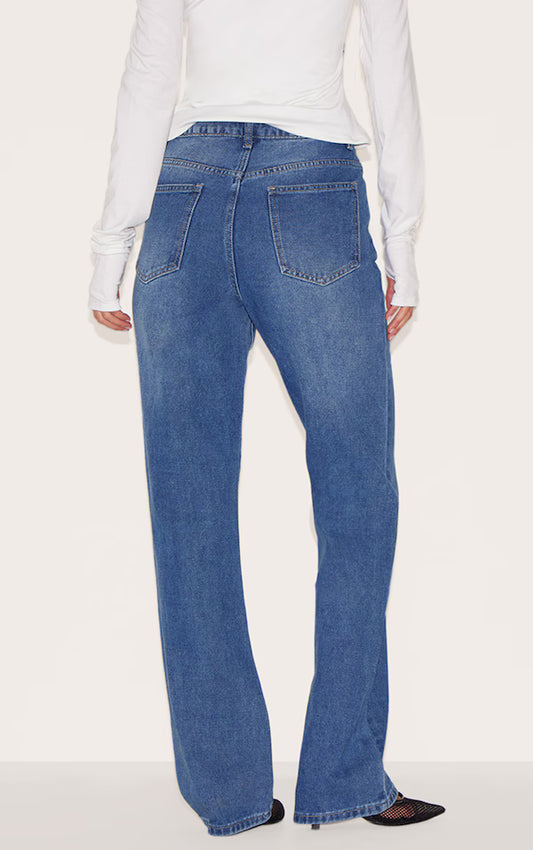 Mid Blue Wash Seam Detail Straight Leg Jeans