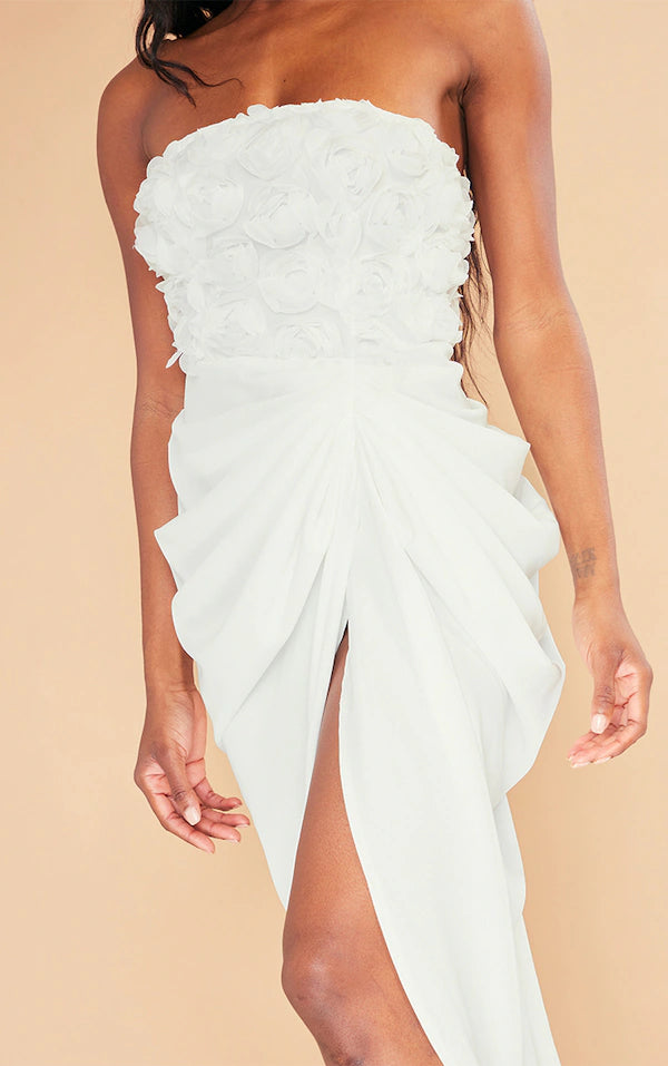 White Applique Rose Detail Draped Midaxi Dress