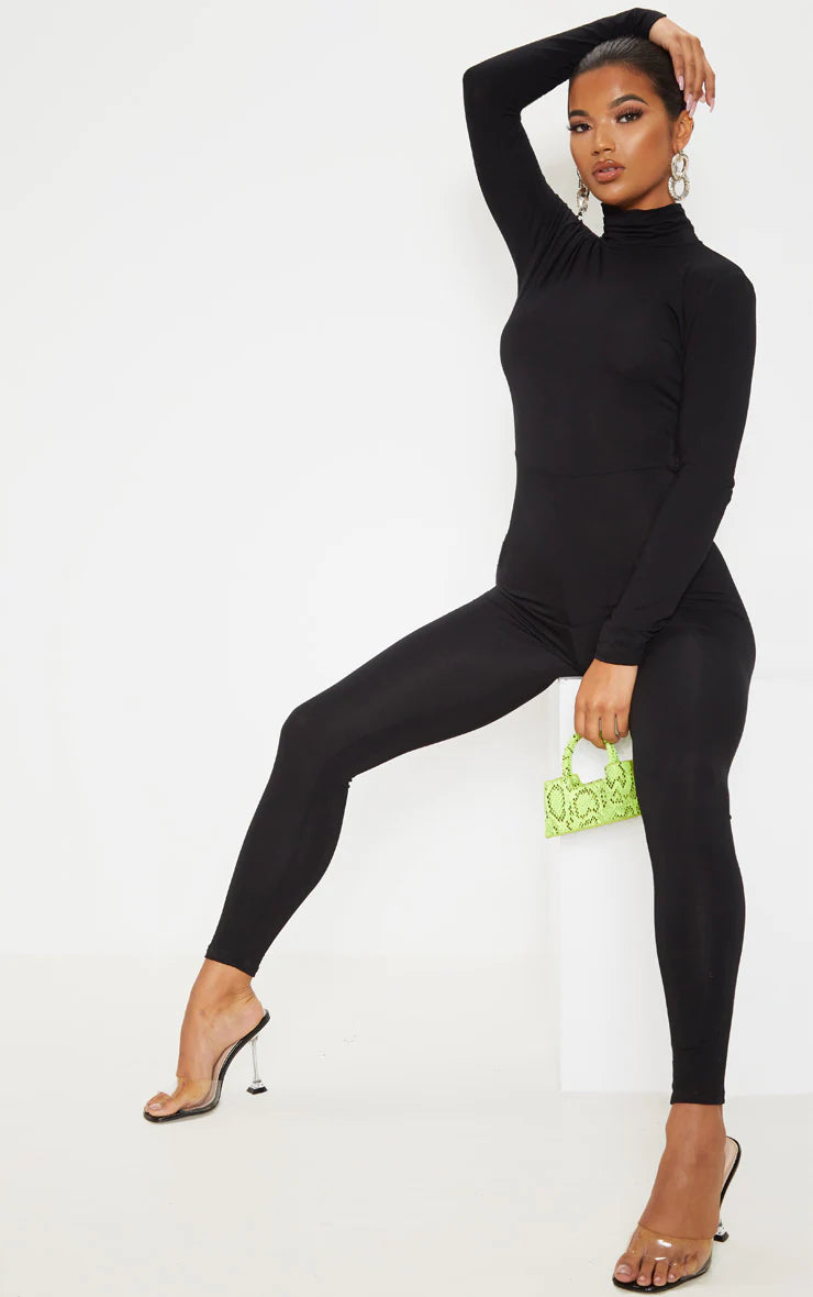 Black Roll Neck Long Sleeve Jumpsuit