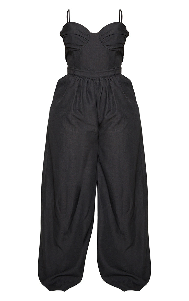 Plus Black Ruched Cup Strappy Wide Leg Jumpsuit