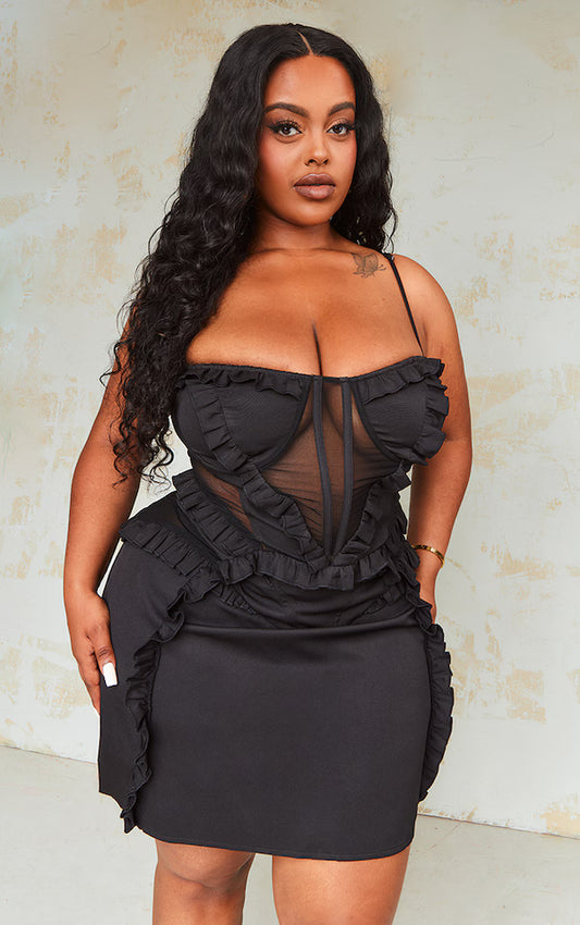 Plus Black Ruffle Detail Bodycon Dress