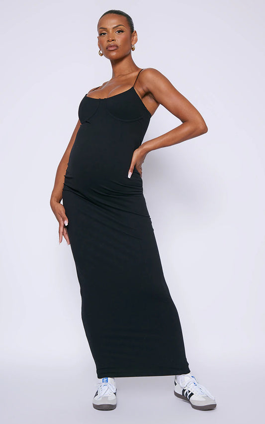 MATERNITY BLACK SNATCHED SCULPT BUST DETAIL MAXI DRESS