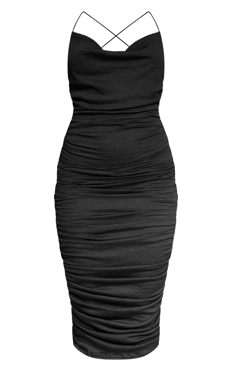 BLACK CRINKLE TEXTURE RUCHED COWL NECK MIDI DRESS