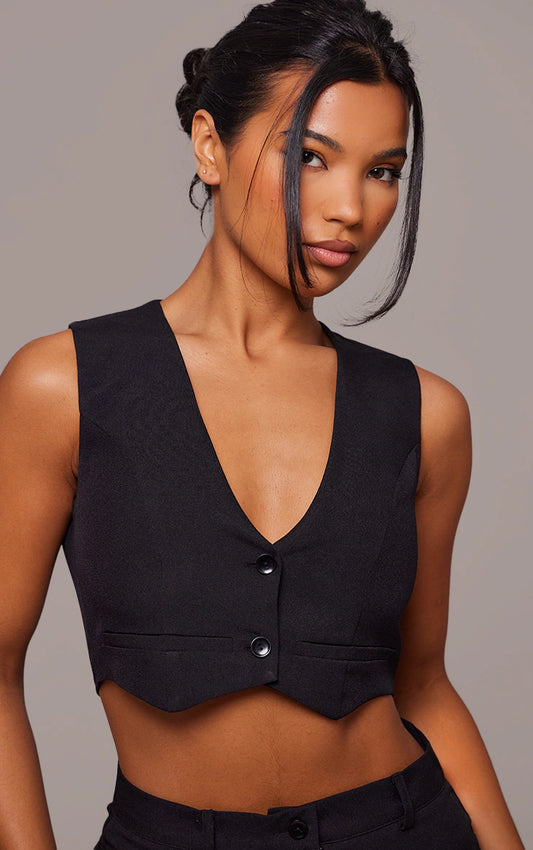 Black Tailored Cropped Seam Detail Waistcoat