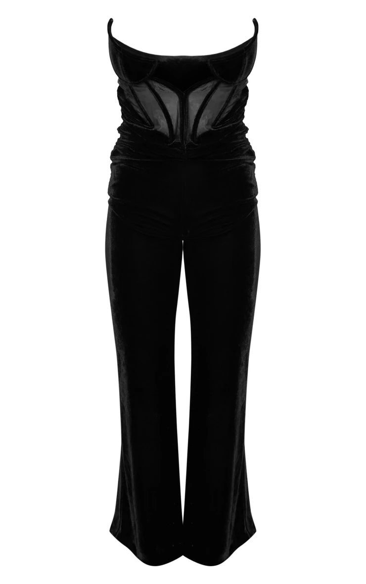 Black Velvet Corset Bandeau Ruched Jumpsuit