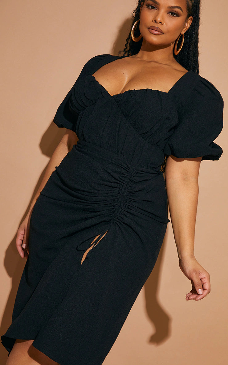 Plus Black Puff Sleeve Ruched Side Split Midi Dress