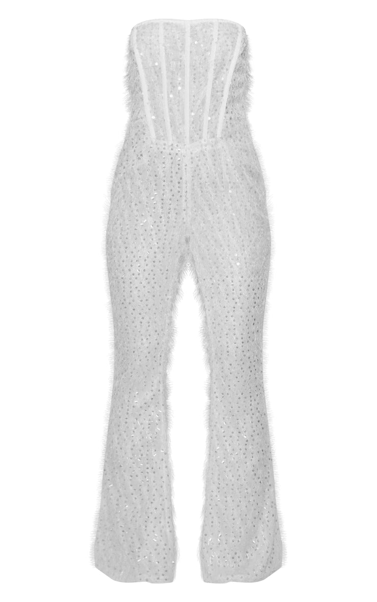 White Textured Sequin Corset Bandeau Jumpsuit