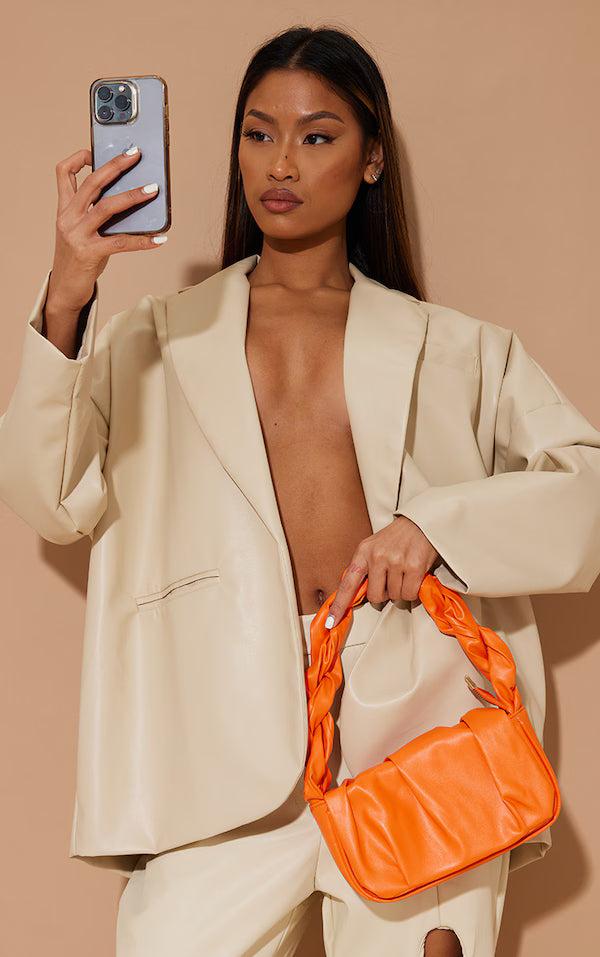 Orange Twist Strap Ruched Front Shoulder Bag